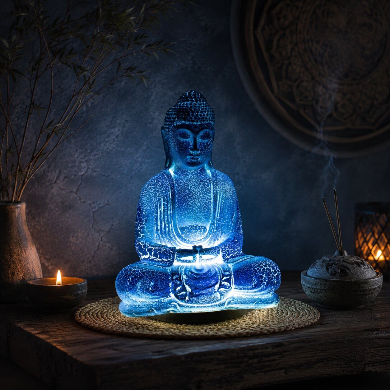 Lampe Bouddha bleu ciel craquelée allumée diffusant une lumière bleutée dans un coin méditation.