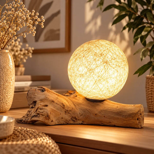 Lampe boule cocon crème allumée, diffusant une lumière dorée sur son socle en bois flotté