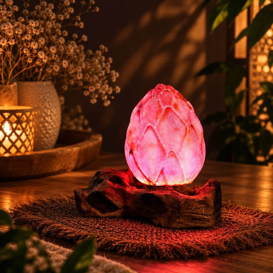 Lampe bouton de lotus allumée, diffusant une lueur rose corail sur son socle en bois flotté