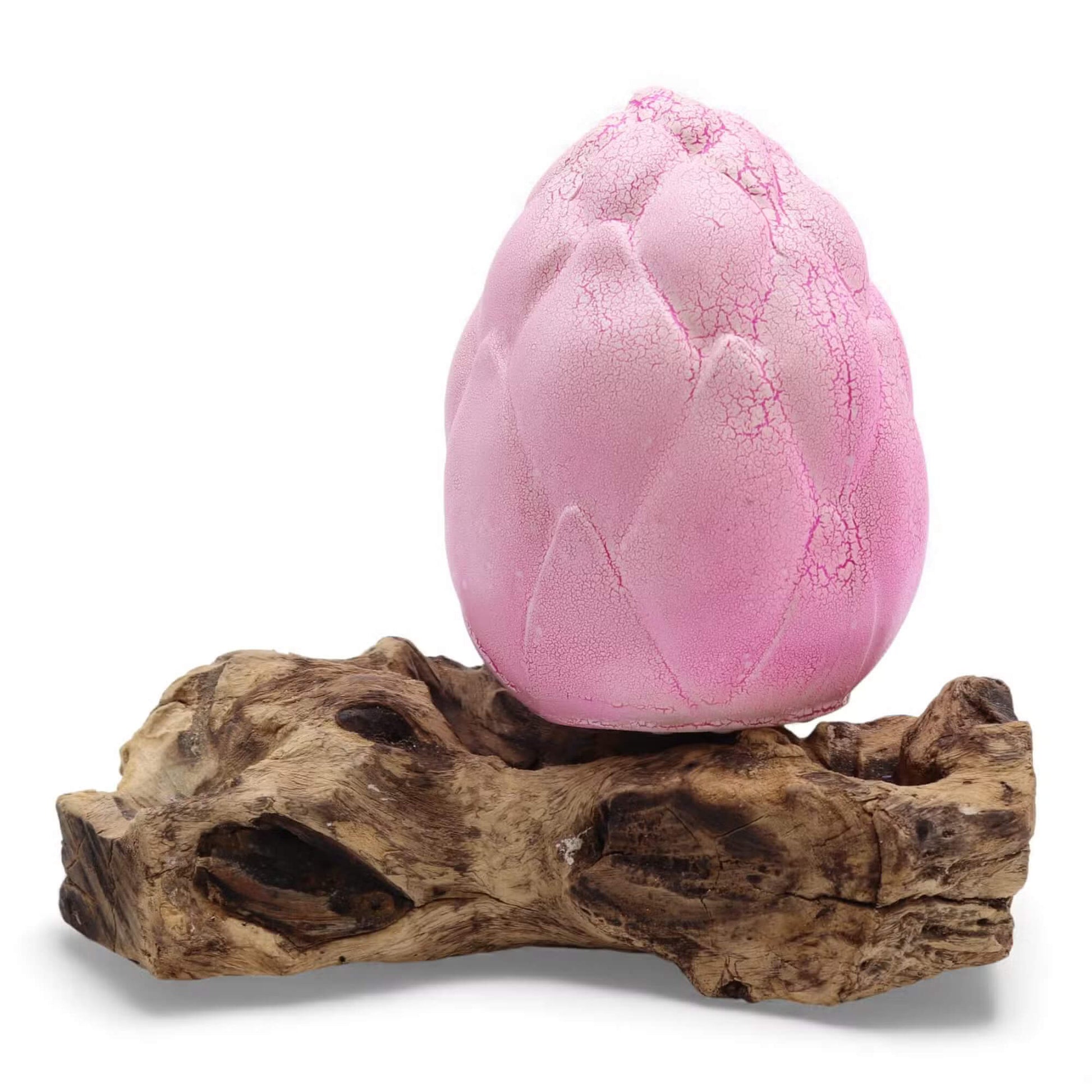 Lampe bouton de lotus rose mauve éteinte sur socle bois flotté brut sur fond blanc.