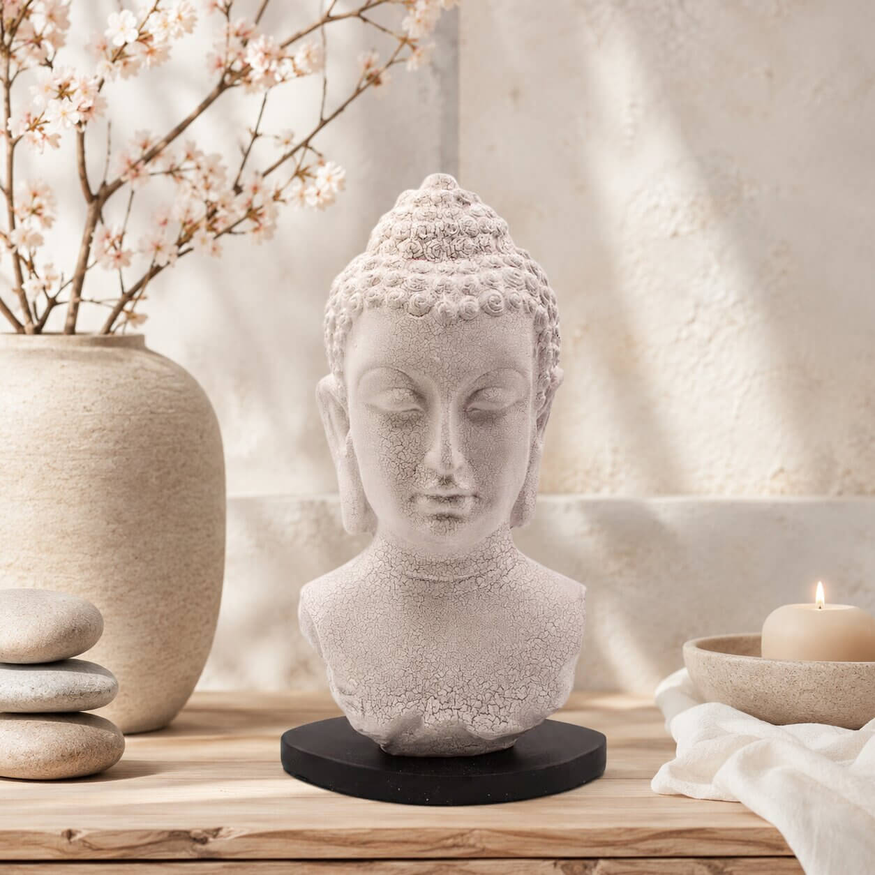 Lampe buste de Bouddha lavande craquelée éteinte sur socle ovale noir en décor naturel.