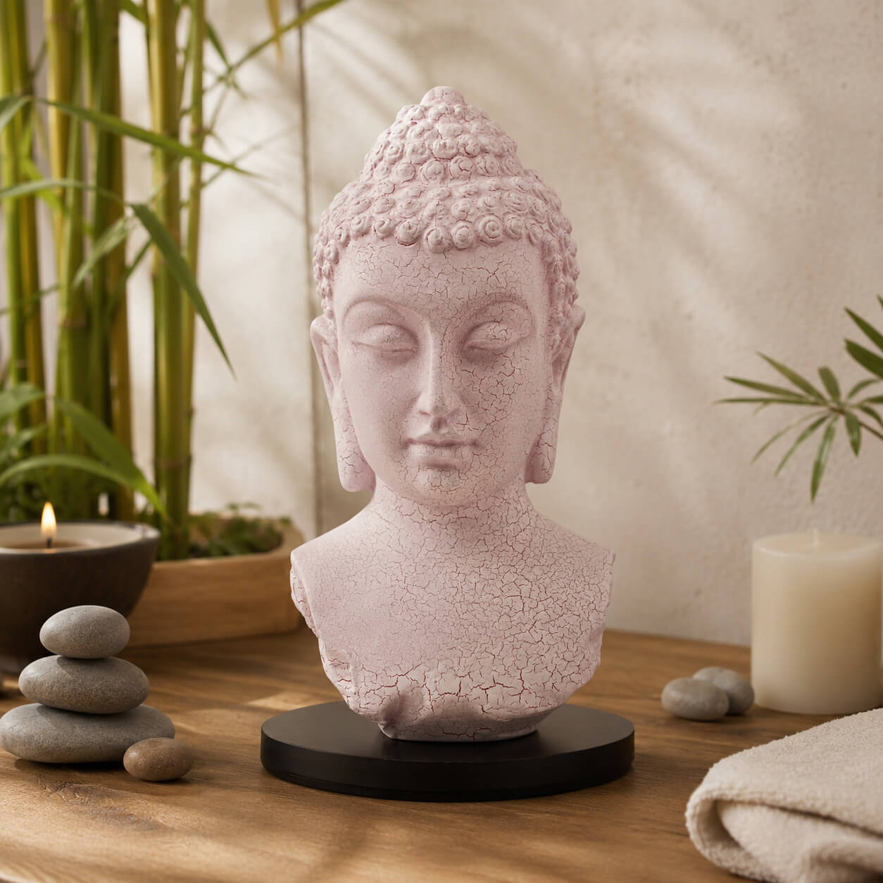 Lampe buste de Bouddha rose craquelée éteinte sur socle ovale noir en décor naturel.