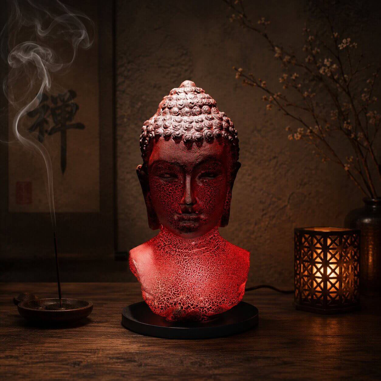 Lampe buste de Bouddha rouge craquelée allumée diffusant une lumière rouge dans un coin méditation.