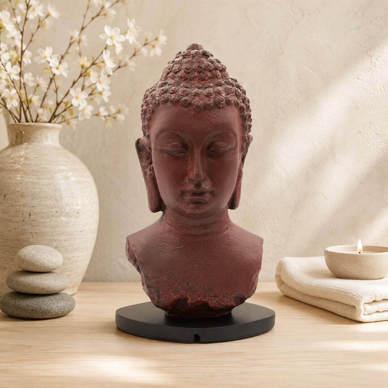 Lampe buste de Bouddha rouge craquelée éteinte sur socle ovale noir en décor naturel.