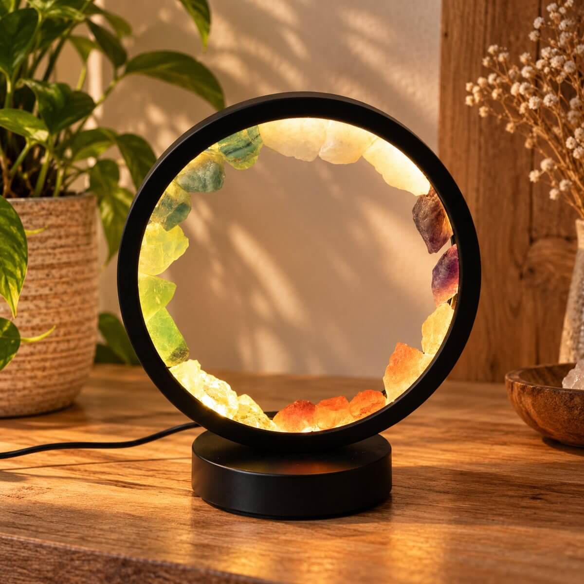 Lampe 7 chakras allumée, pierres de sept couleurs en cercle sur une commode en bois