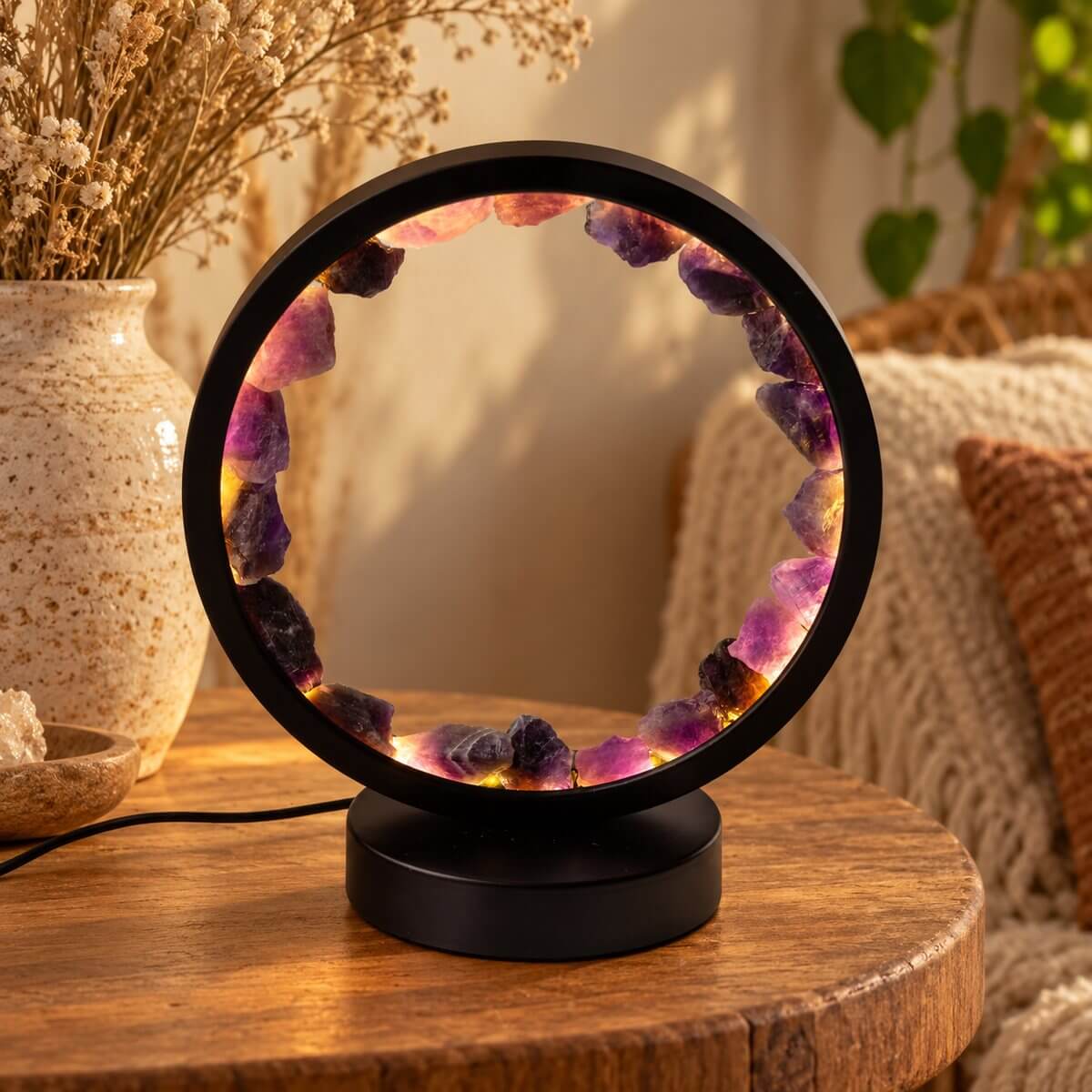 Lampe cercle en améthyste allumée sur une table en bois, reflets violets et dorés