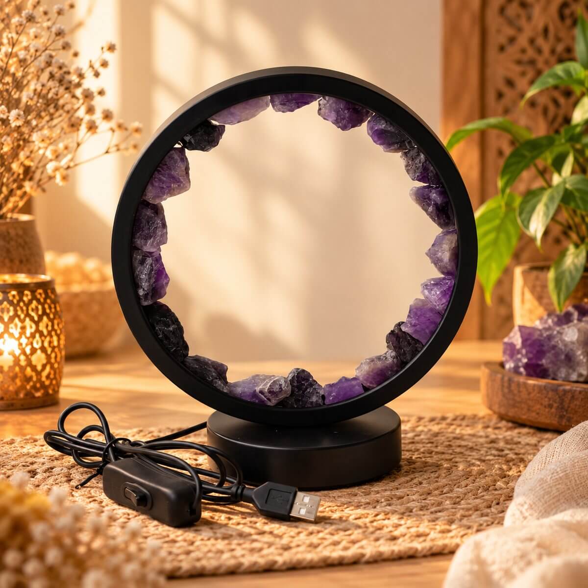 Lampe en pierre d’améthyste éteinte, éclats violets en cercle et câble USB à interrupteur