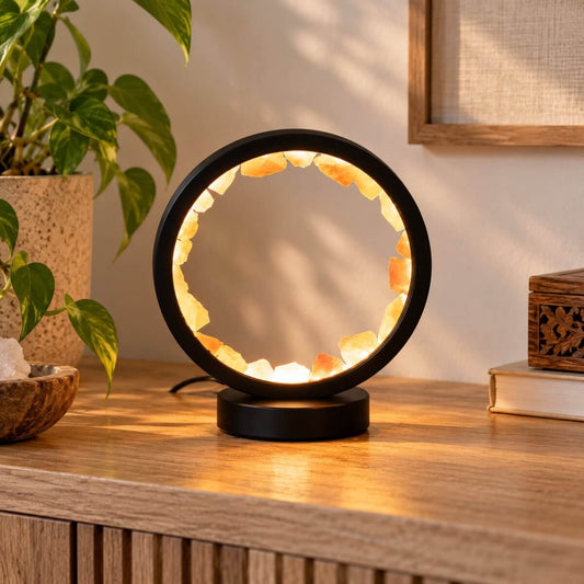 Lampe en quartz rose allumée sur une commode en bois, lumière chaude à travers les éclats