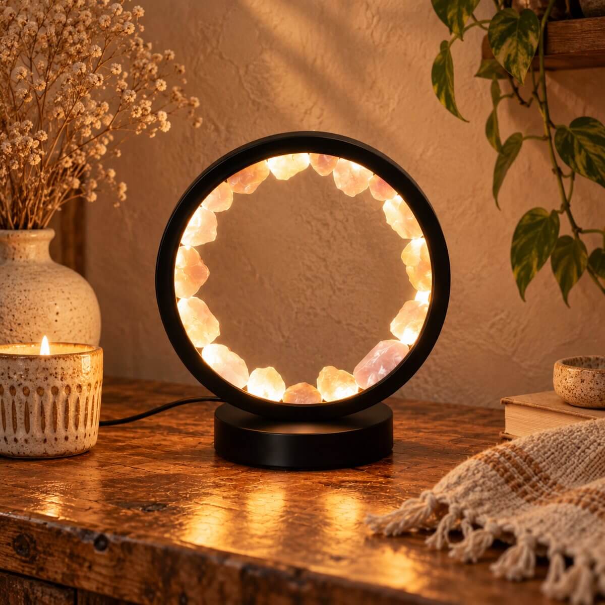 Lampe cercle en quartz rose allumée, lumière chaude à travers les pierres