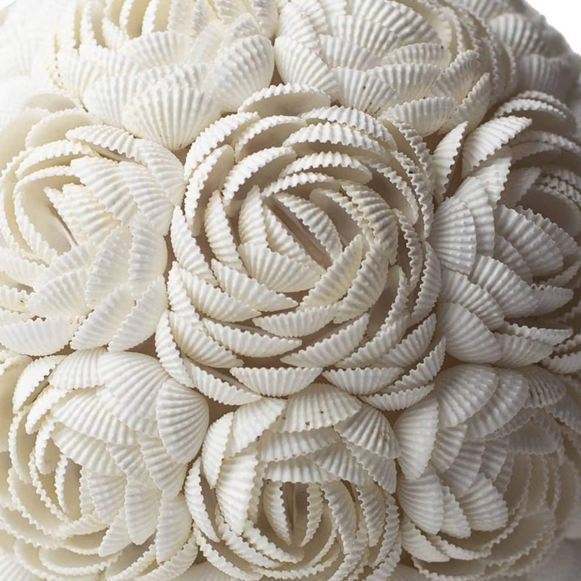 Détail macro des roses de coquillages assemblées à la main sur la lampe œuf.