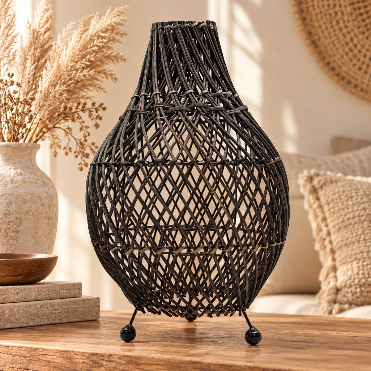 Lampe de table en rotin noir tressé en spirale, liens beiges, posée sur une console en bois près d’un vase de pampa