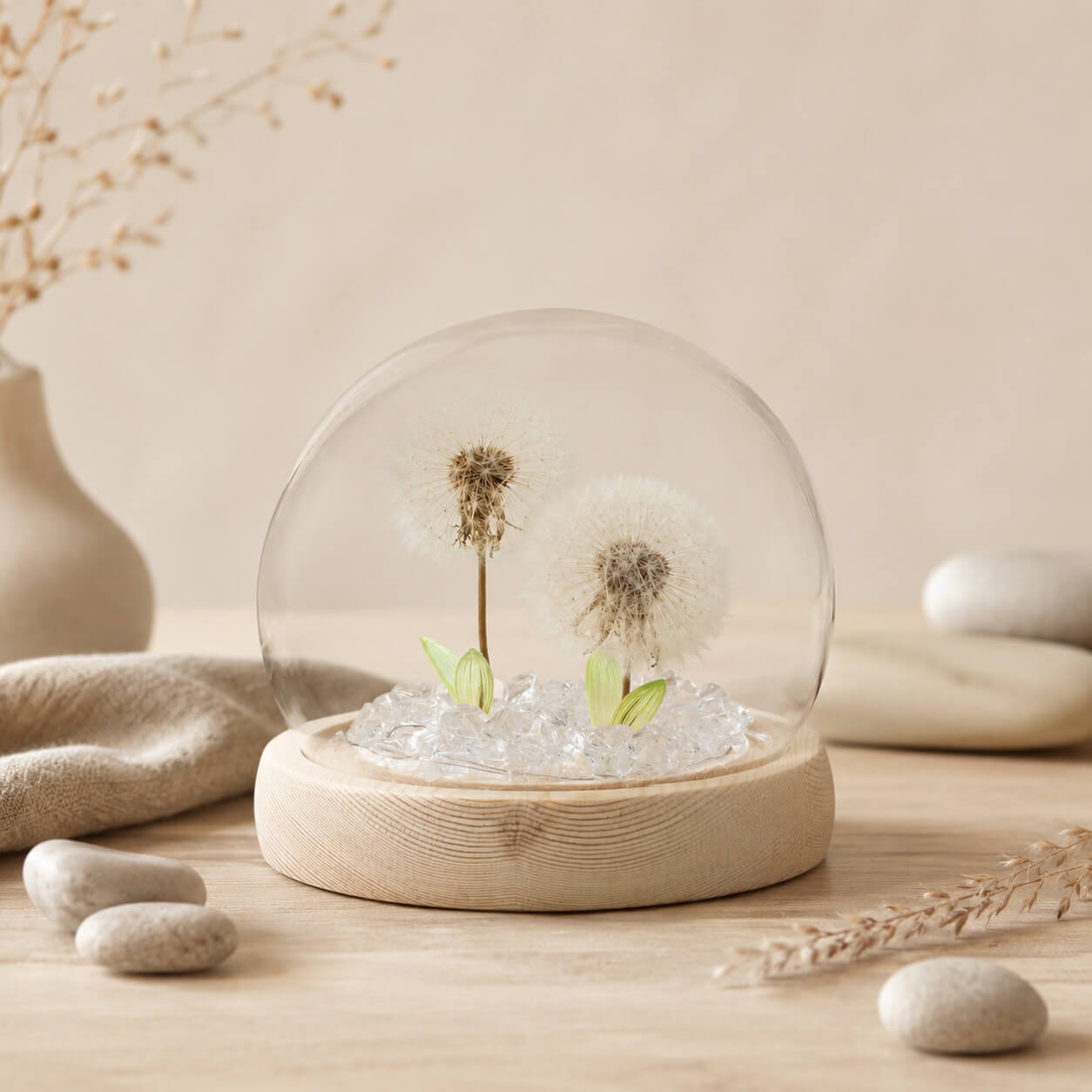 Lampe dôme aux 2 pissenlits éteinte sur sa base en bois clair en décor naturel.