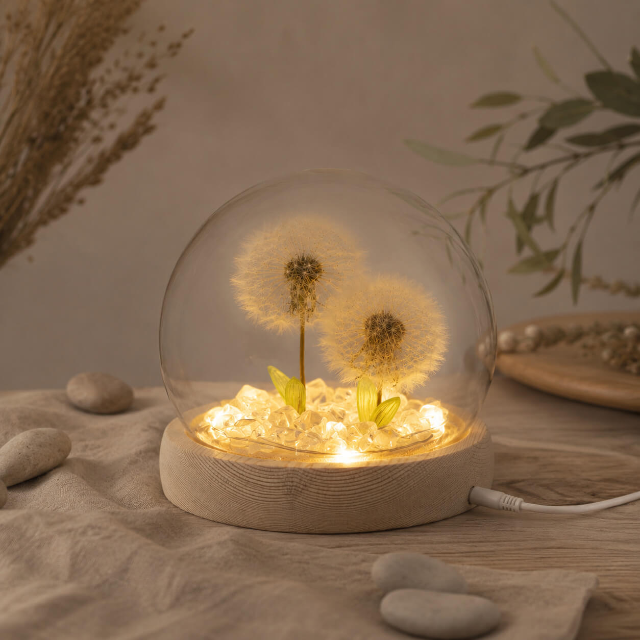 Lampe dôme aux 2 pissenlits LED allumée dans une ambiance poétique.