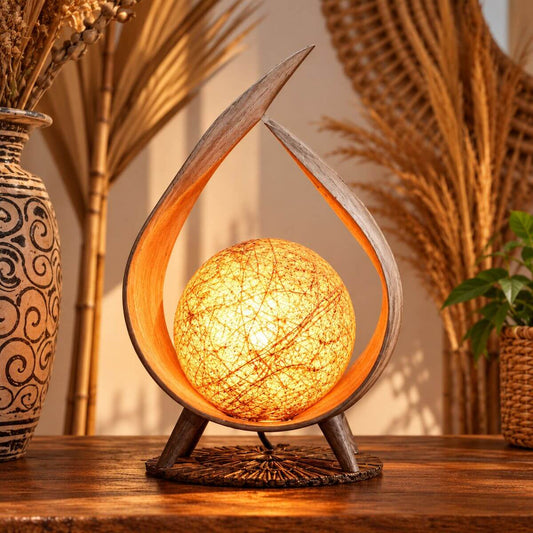 Lampe en feuille de coco en goutte d’eau allumée, boule en fils de coton orangée