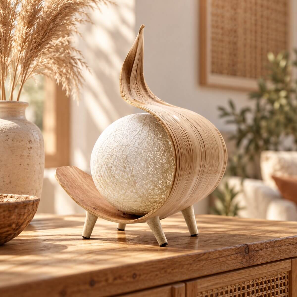 Lampe bohème en feuille de coco éteinte, sur quatre pieds en bois clair