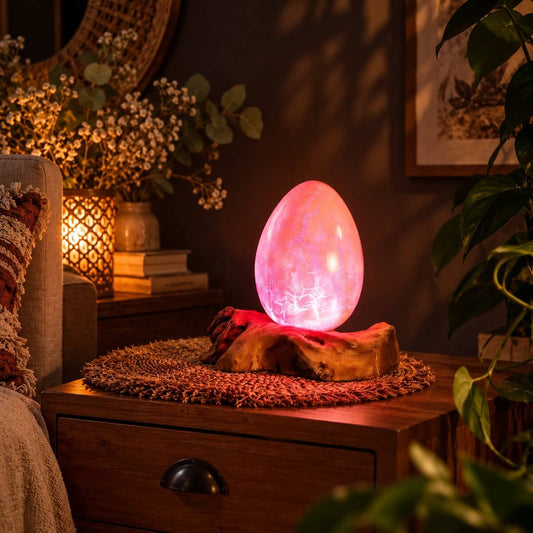 Lampe œuf rose allumée sur bois flotté, diffusant une lueur rose sur une table de chevet