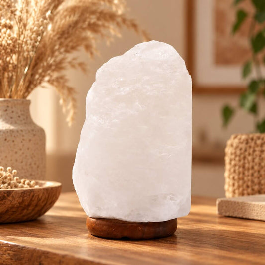 Bloc de sel blanc de l’Himalaya sur socle en bois, lampe éteinte