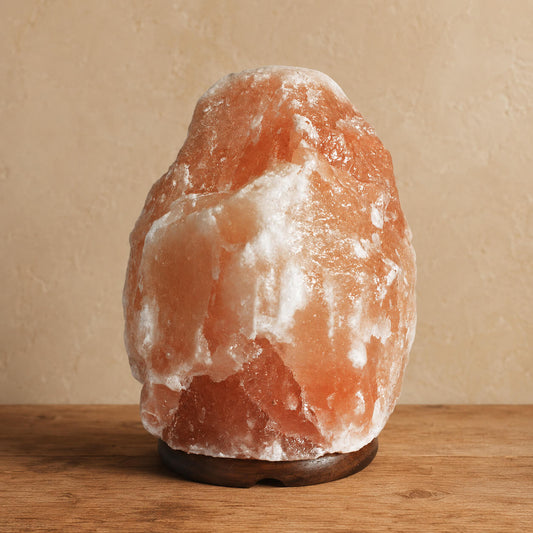 Lampe de sel rose de l'Himalaya en bloc naturel brut sur socle en bois foncé