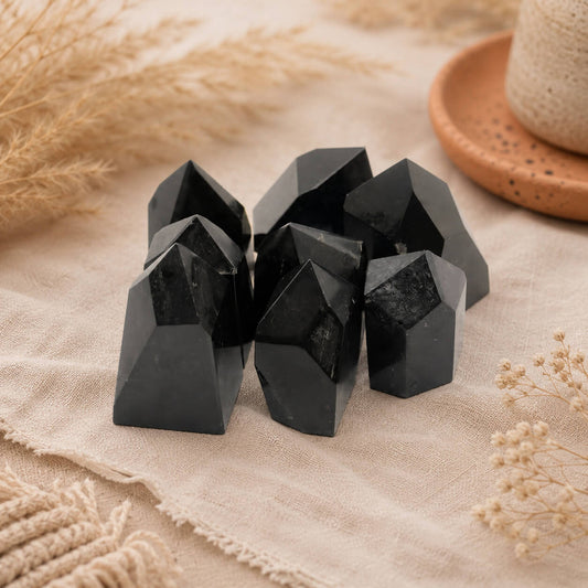 Lot de pointes de tourmaline noire aux facettes polies regroupées