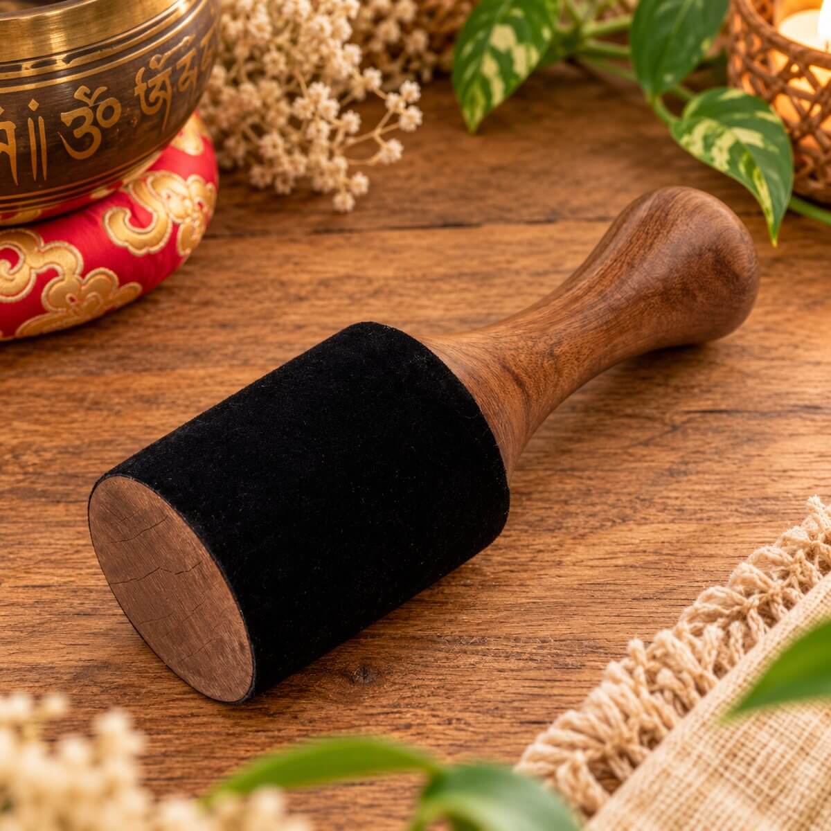 Grand maillet en bois pour bol tibétain, tête gainée de noir et manche à pommeau, posé sur une table en bois près d’un bol gravé sur coussin rouge