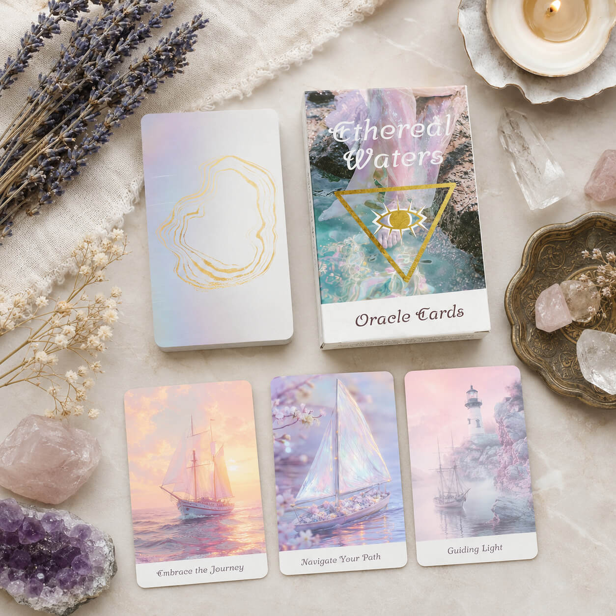 Boîte et cartes du jeu d'oracle Ethereal Waters avec illustrations de voiliers et phare