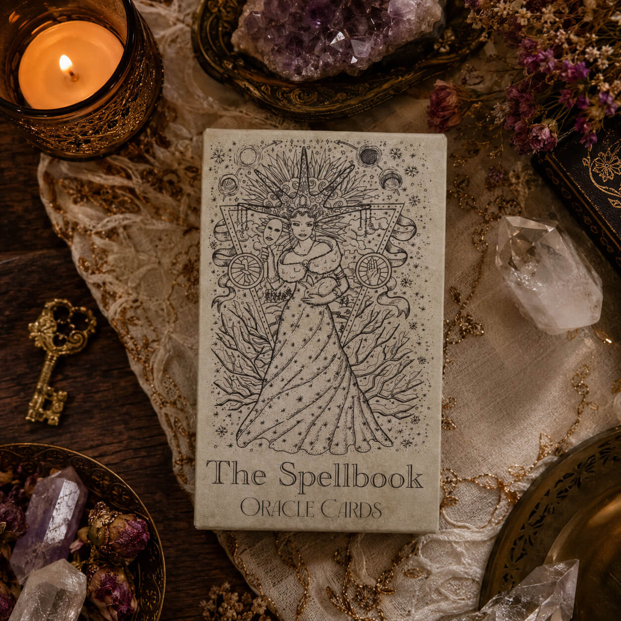 Boîte et jeu de cartes du jeu d'oracle The Spellbook avec illustration de figure féminine étoilée