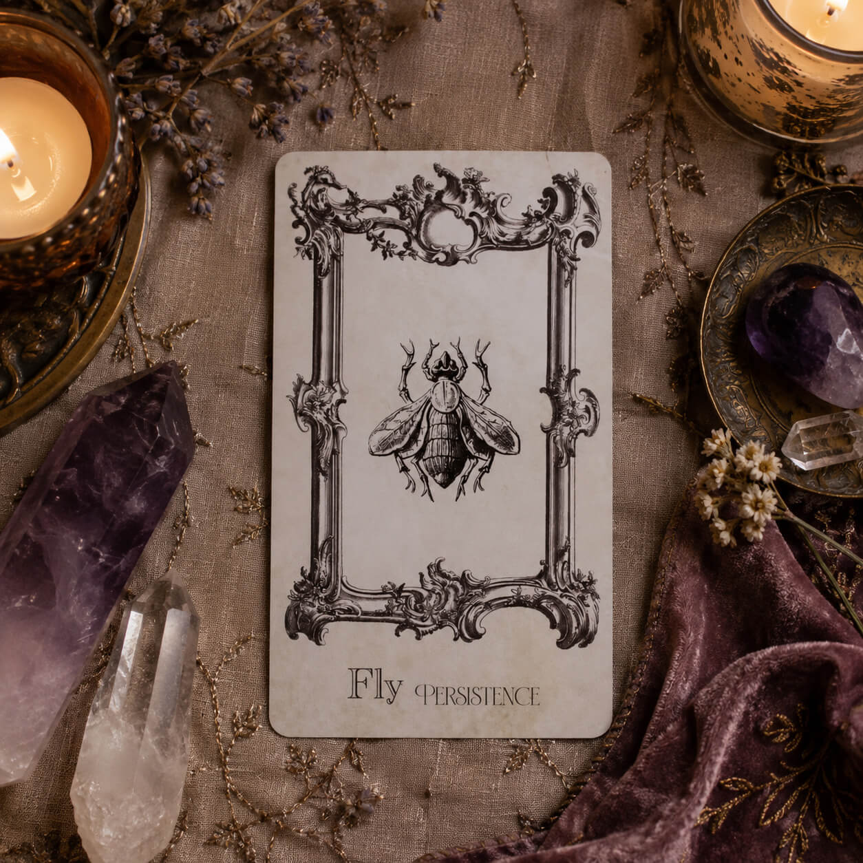 Carte "Fly" du jeu d'oracle The Spellbook, gravure d'une mouche encadrée