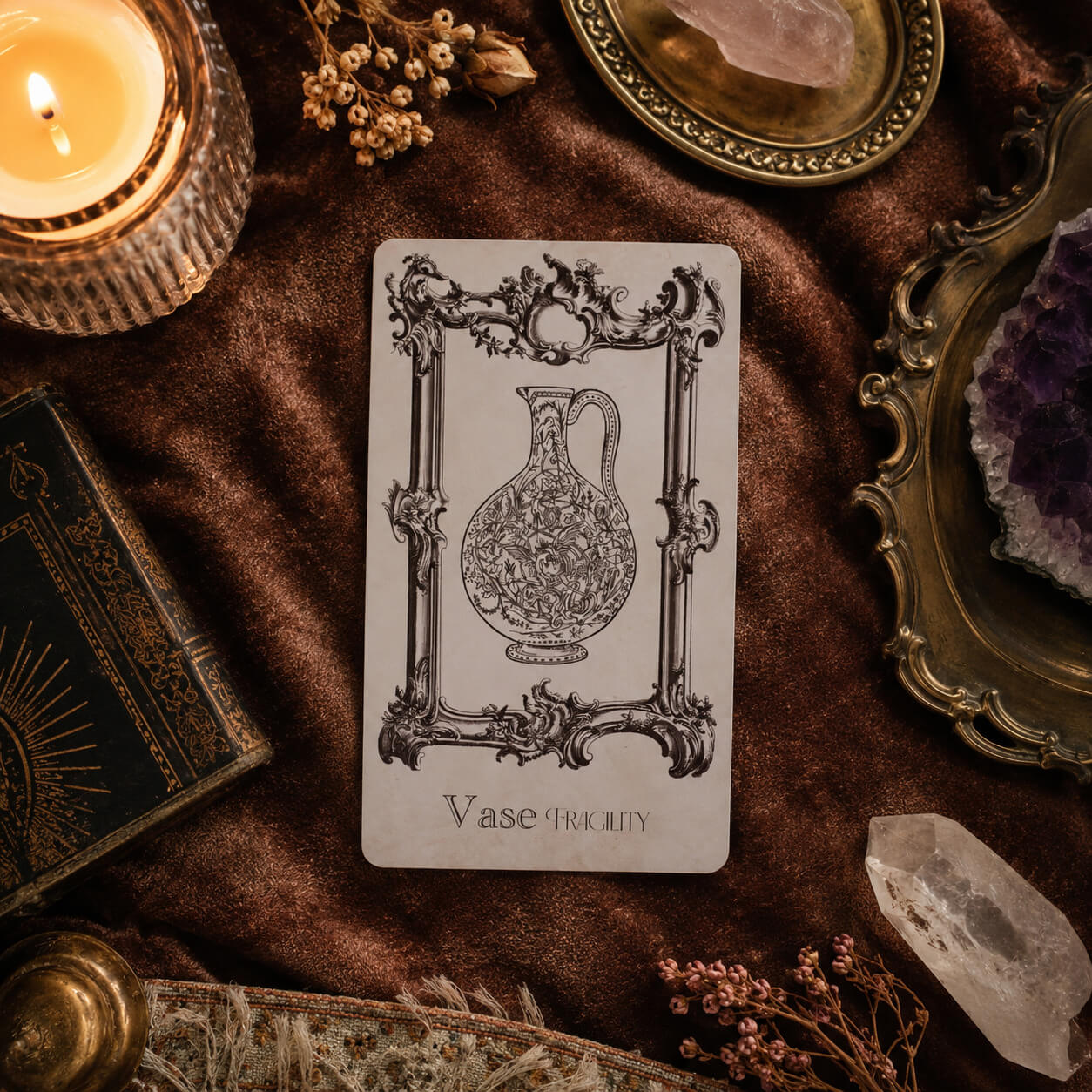Carte "Vase" du jeu d'oracle The Spellbook, gravure d'un vase ancien encadré