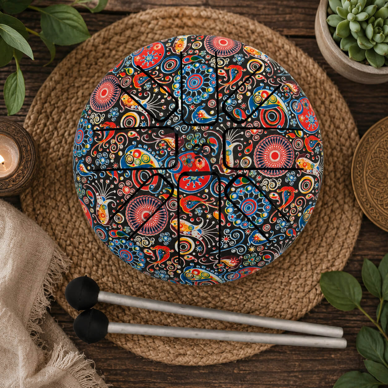 Petit tongue drum cachemire indien 13cm vue de dessus avec ses mailloches sur tapis tressé.