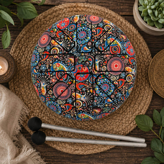 Petit tongue drum cachemire indien 13cm vue de dessus avec ses mailloches sur tapis tressé.