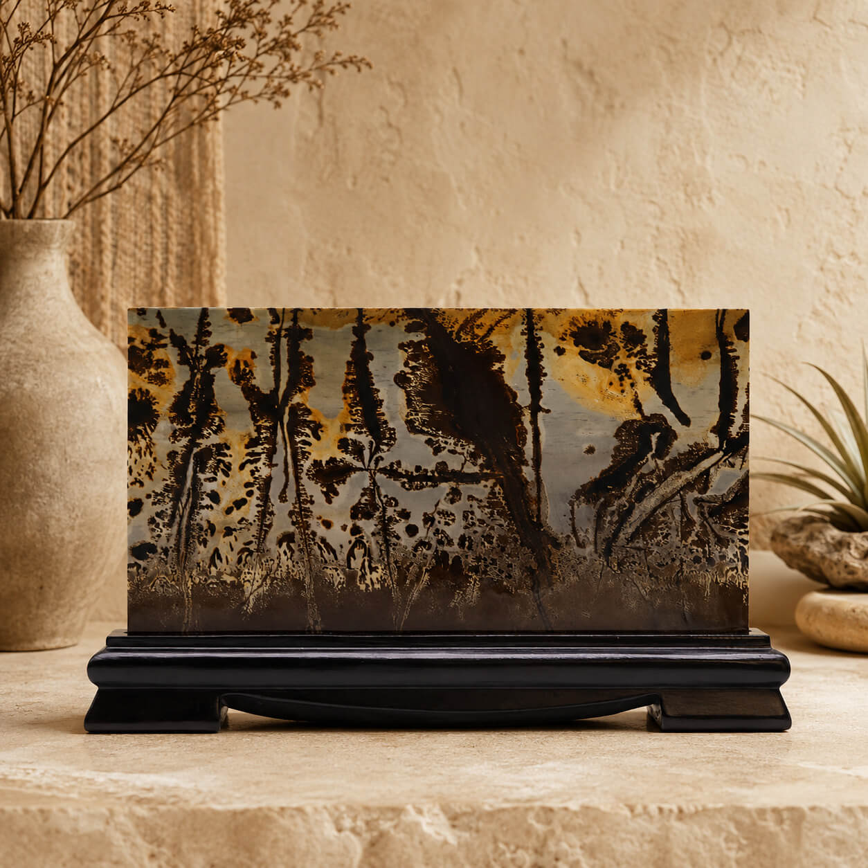 Détail de pierre Guohua aux motifs orangés et sombres évoquant des racines