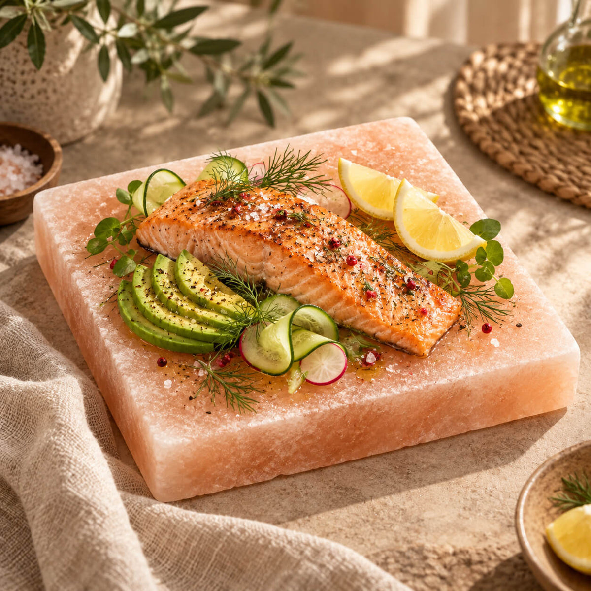Filet de saumon cuit servi sur une plaque de sel de l'Himalaya avec avocat et citron