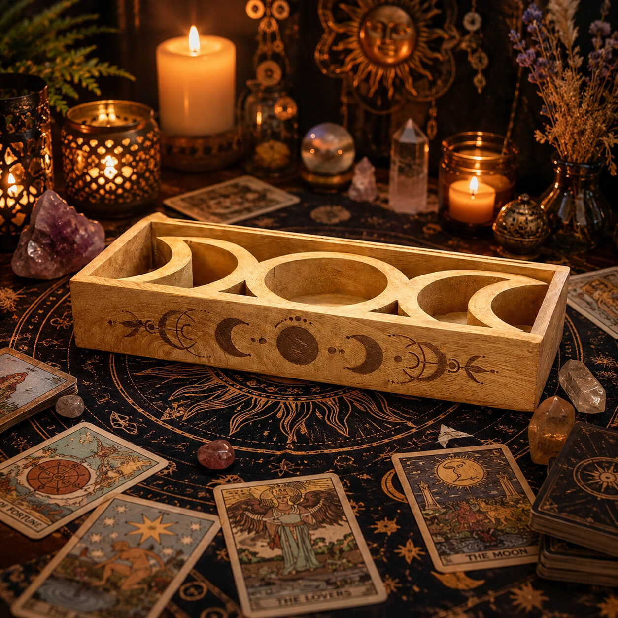 Plateau à phases lunaires avec cartes de tarot et cristaux disposés en mise en scène
