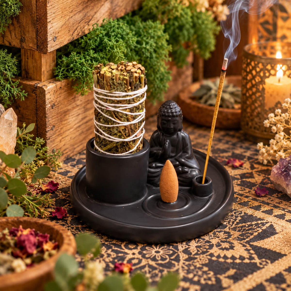 Porte-encens Bouddha en céramique noire mate garni d'un bouquet de sauge, d'un cône et d'un bâtonnet d'encens allumé