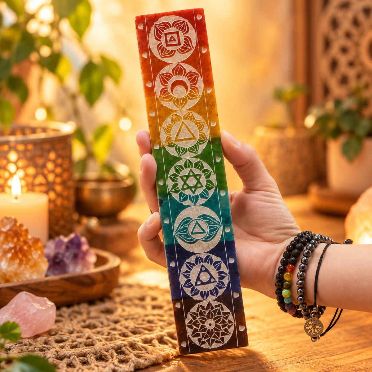 Porte-encens en pierre à savon de 26 cm tenu à la main, montrant les symboles des sept chakras gravés dans des médaillons clairs