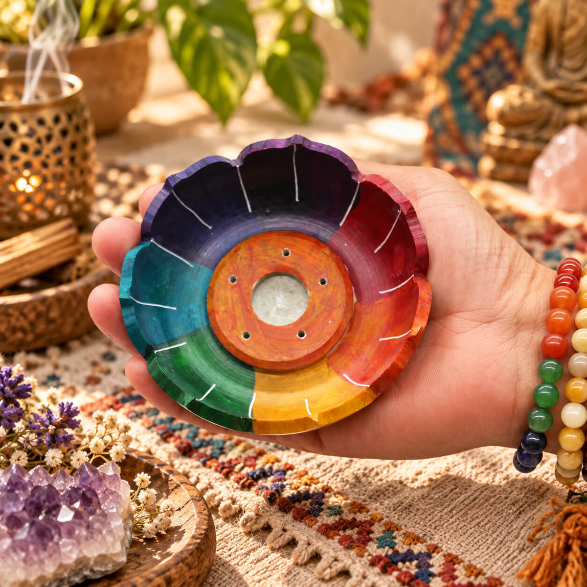 Porte-encens lotus en pierre à savon tenu dans la main, montrant ses couleurs des chakras et ses trous pour bâtonnets