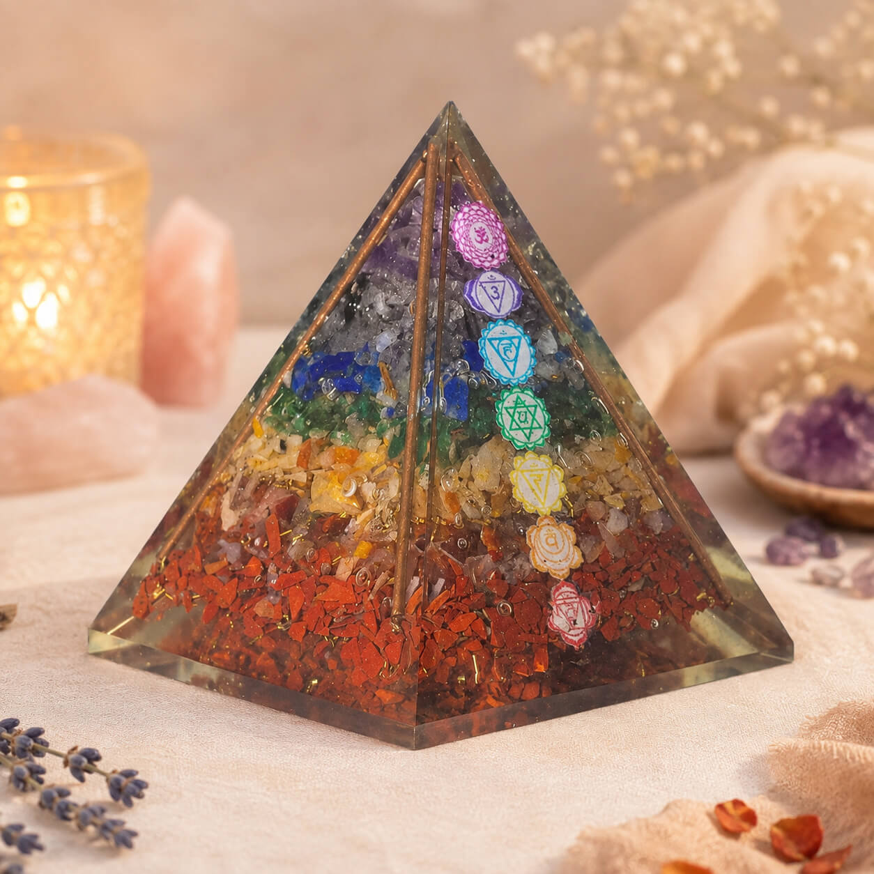 Détail de la pyramide en orgonite montrant les tiges de cuivre et les éclats de pierres colorées