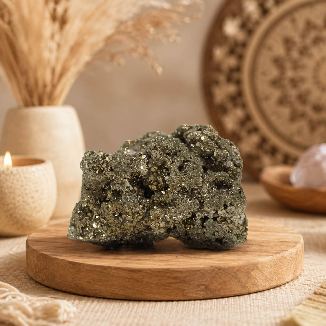 Pyrite naturelle brute grand format à l'éclat doré métallique posée sur socle en bois.