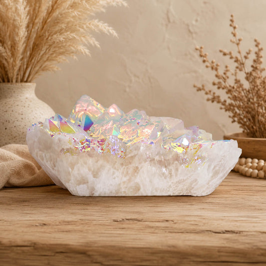 Quartz Aura Angélique aux reflets irisés arc en ciel posé sur table en bois