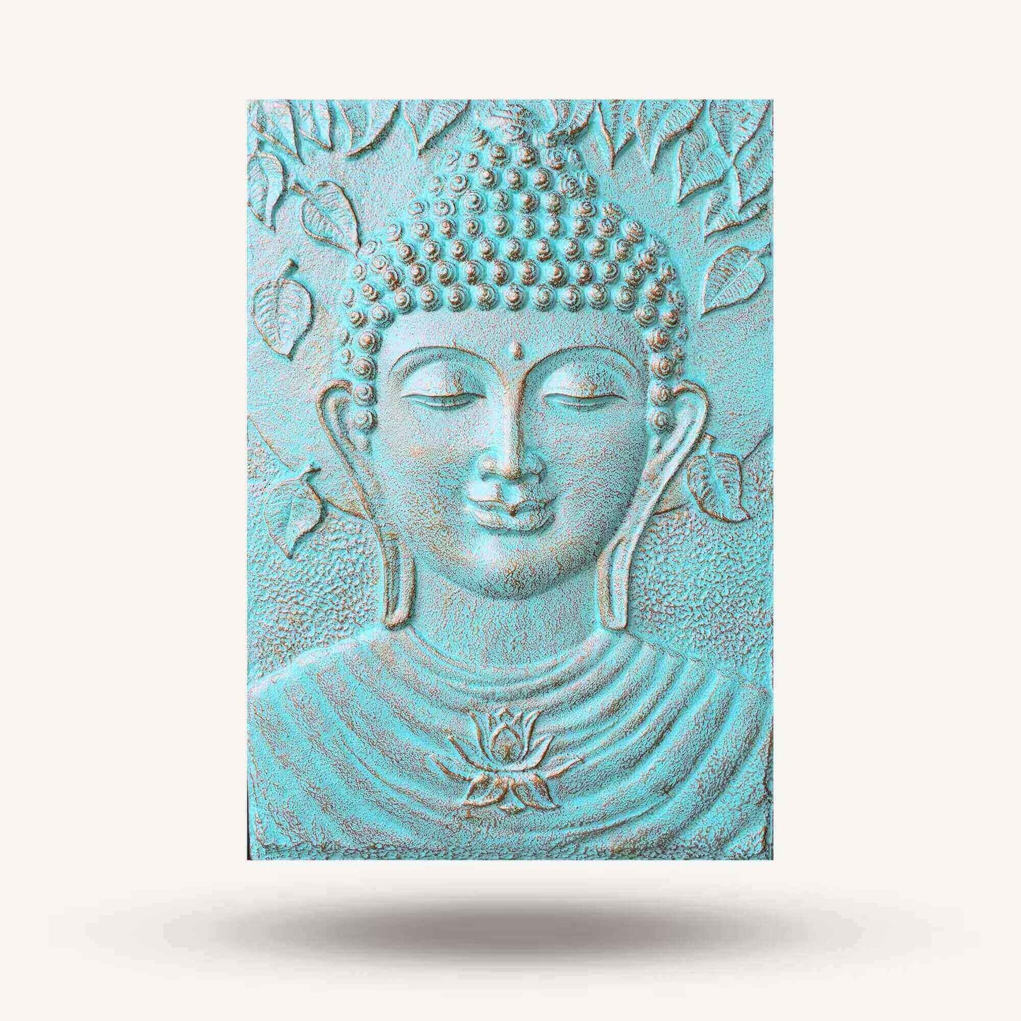 Relief mural Bouddha turquoise en ciment fibré 70x100 cm, sculpture artisanale indonésienne effet 3D.