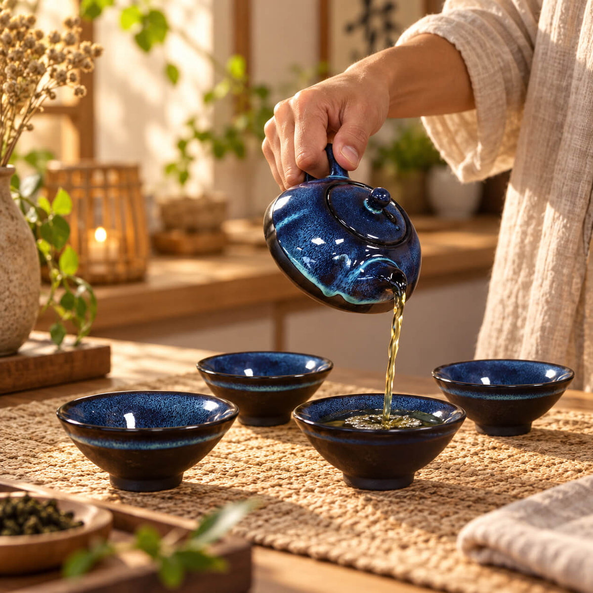 Théière en céramique bleu nuit versant du thé, avec les quatre tasses du service disposées autour