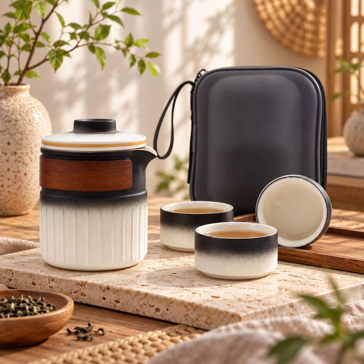 Service à thé de voyage en céramique blanc et noir avec théière, tasses et étui rigide
