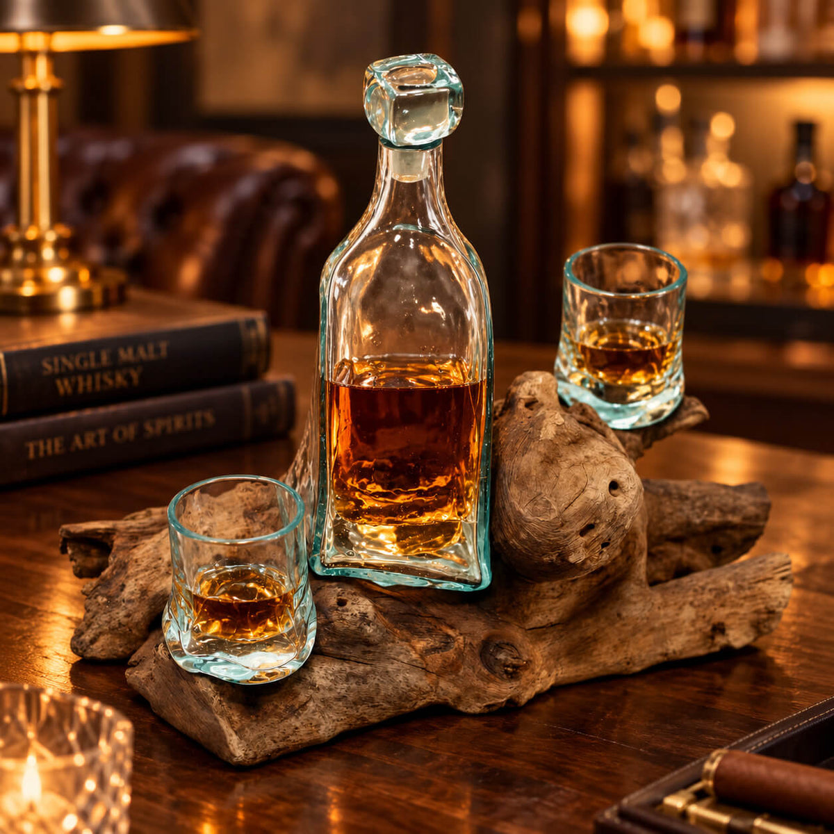 Service à whisky en verre soufflé sur socle en bois, avec carafe et deux verres remplis de whisky
