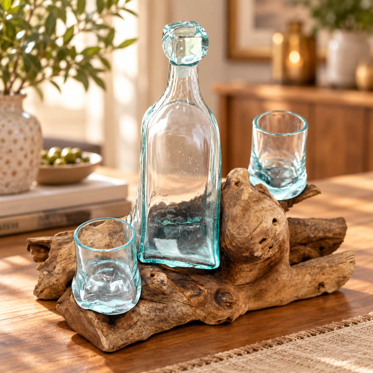 Service à whisky vide en verre soufflé, carafe et deux verres sur un socle en bois brut