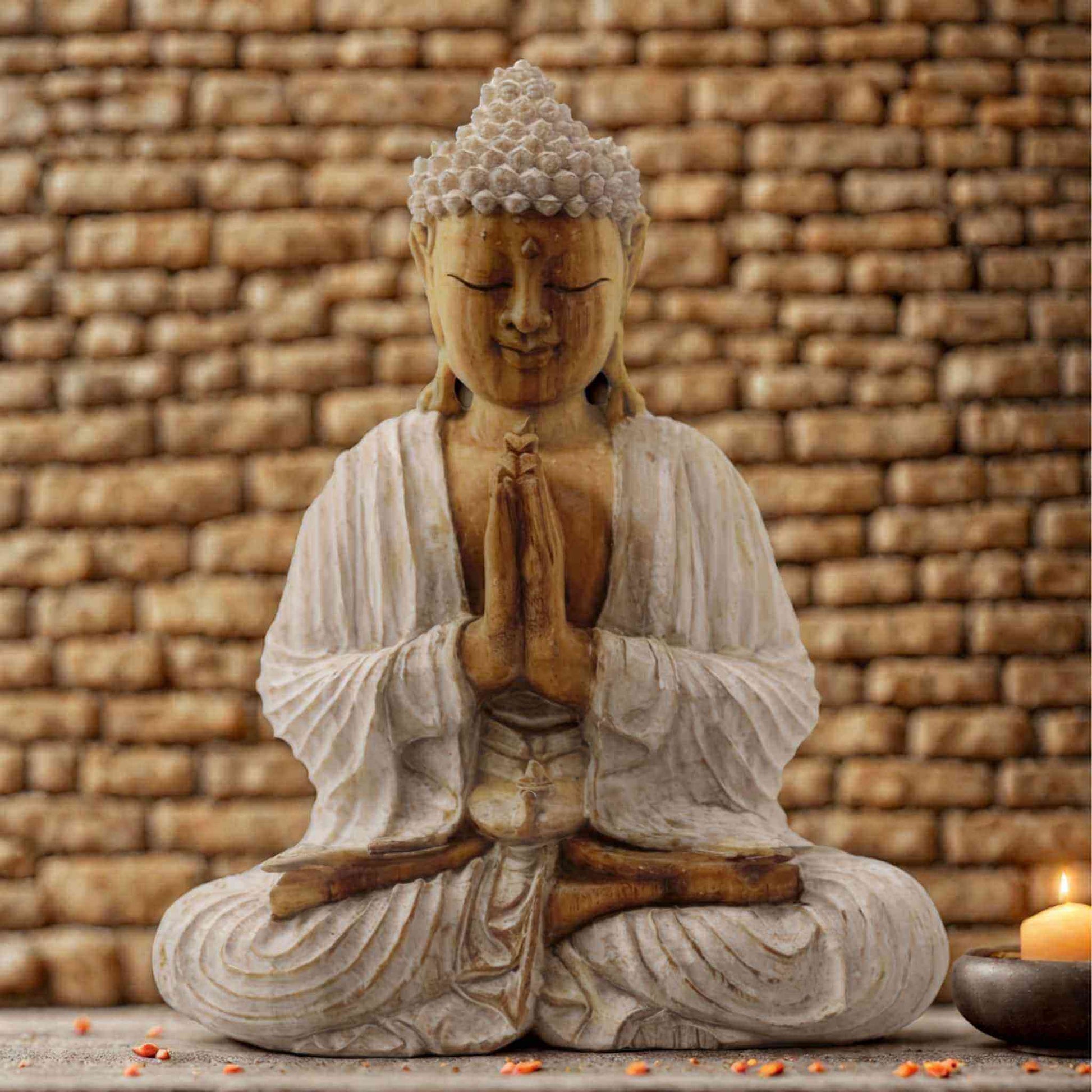 Statue Bouddha blanc en bois Suar 30 cm, posture lotus avec mains jointes Anjali Mudra, sculpture artisanale indonésienne.