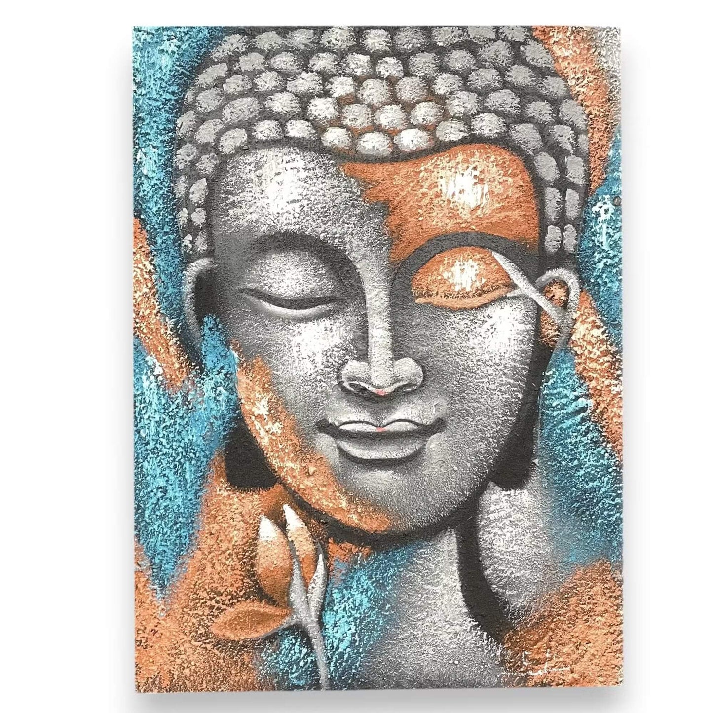 Tableau mural Bouddha argenté et turquoise 76x55 cm, peinture artisanale indonésienne aux reflets métalliques.