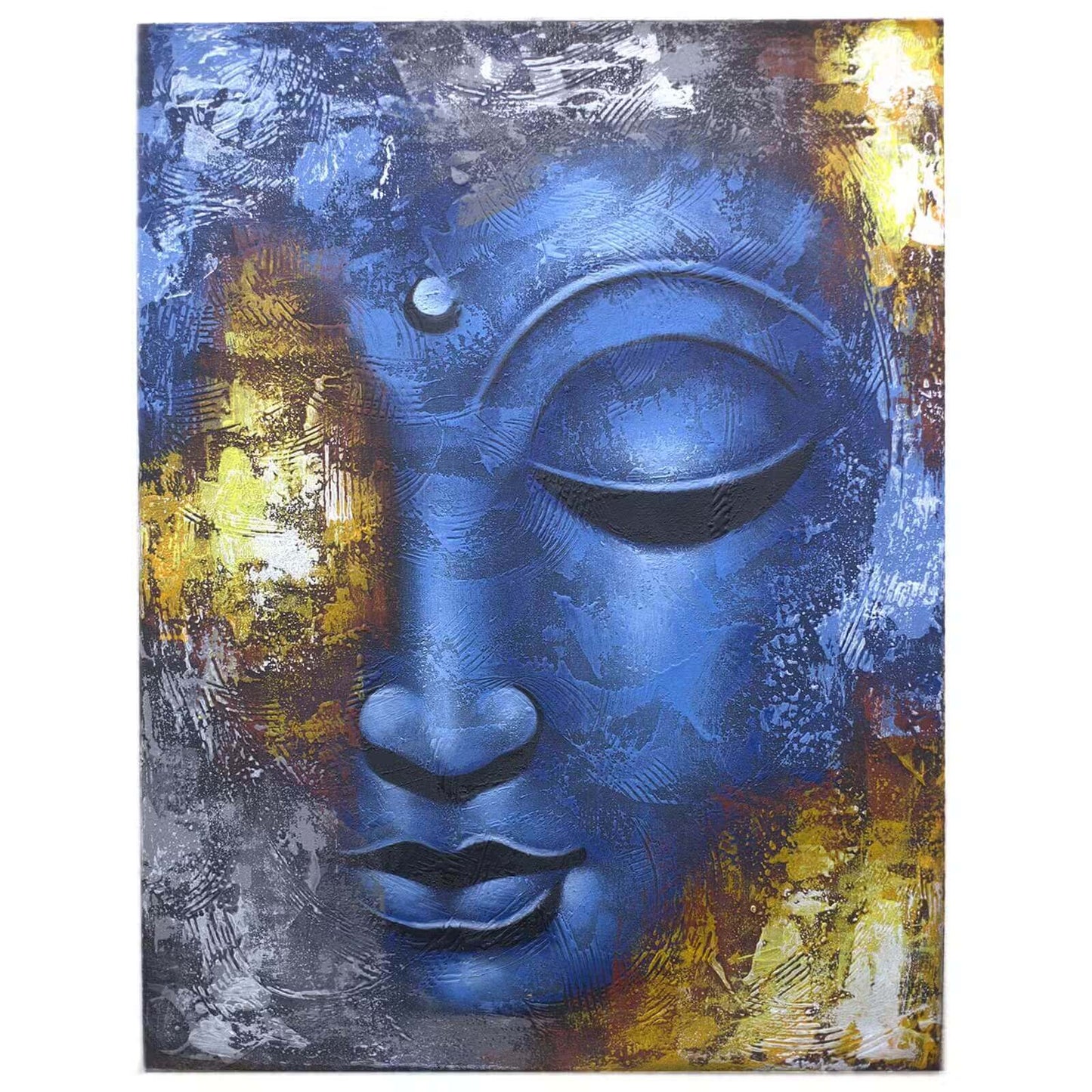 Tableau mural Bouddha bleu abstrait 80x60 cm, peinture contemporaine indonésienne sur toile