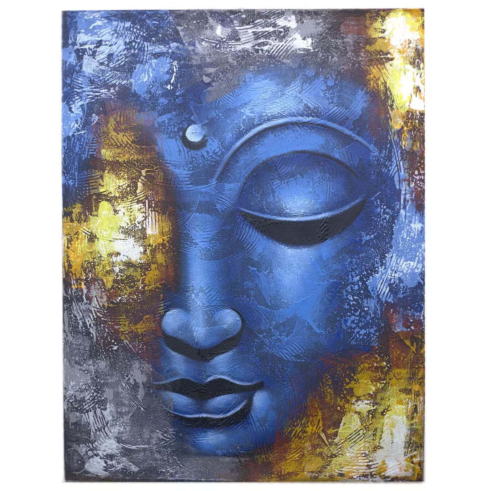Tableau mural Bouddha bleu abstrait 80x60 cm, peinture contemporaine indonésienne sur toile