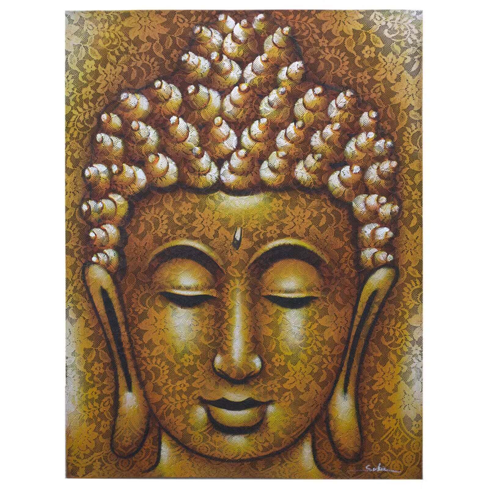 Tableau mural Bouddha doré brocadé 80x60 cm, peinture artisanale indonésienne sur toile.