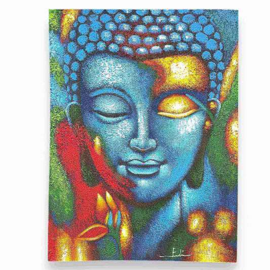 Tableau mural Bouddha multicolore turquoise 76x55 cm sur toile, peinture artisanale indonésienne aux couleurs vibrantes.